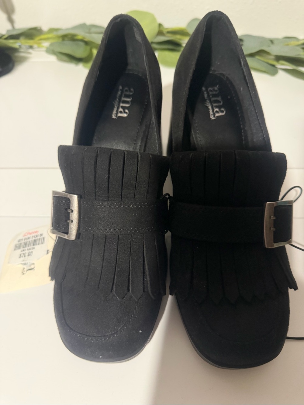 ana Black Suede Fringe Loafers with Buckle Accent